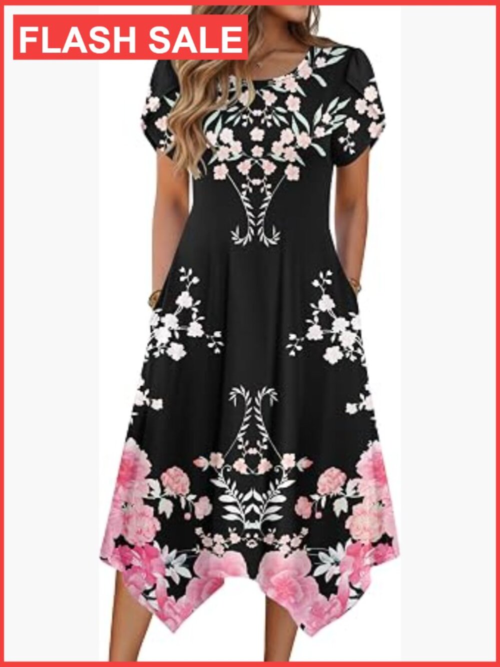 Casual Floral Midi Sundress w/ Pockets, High Stretch A-Line